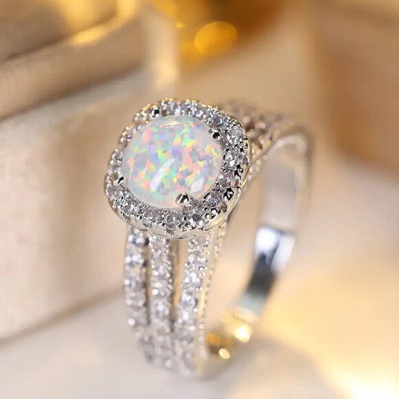 Stunning Silver Plated Bohemian-Style Square-Cut White Synthetic Opal Ring Size - Picture 4 of 4